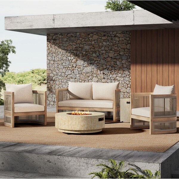 Christopher Knight Home ChristopherKnightHomeJoplin5PieceOutdoorAcaciaWoodandRopeChatSetwithCushionsandRoundFirePit,LightTeak/Beige