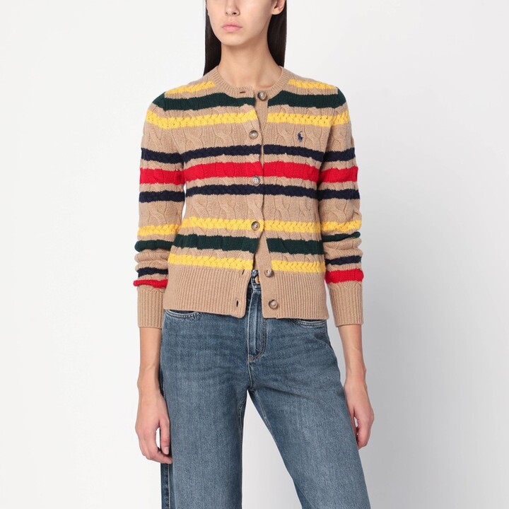 Beige cable-knit striped cardigan