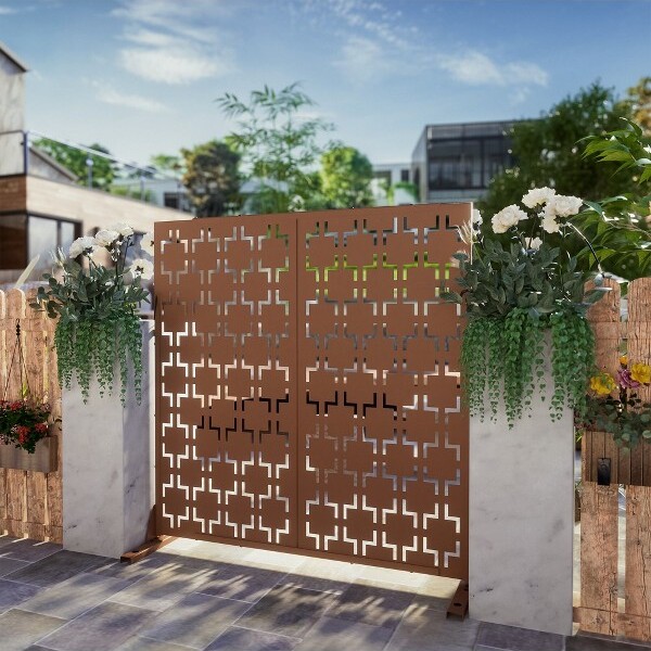 PexFix 72 in. x 47 in. Outdoor Metal Privacy Screen Garden Fence in Square Pattern in Brown