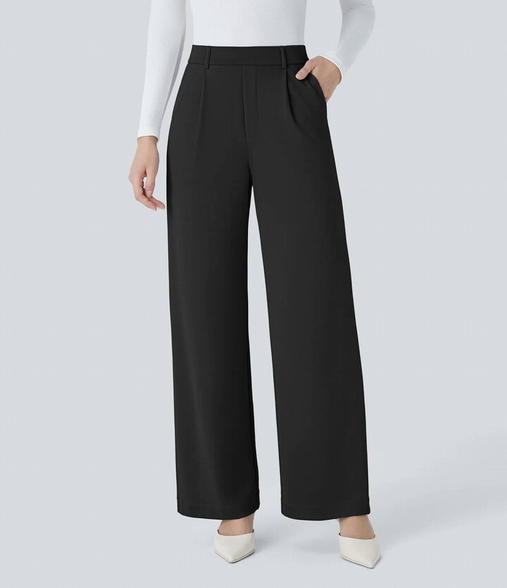 Halara High Waisted Plicated Side Pocket Straight Leg Work Pants In Black
