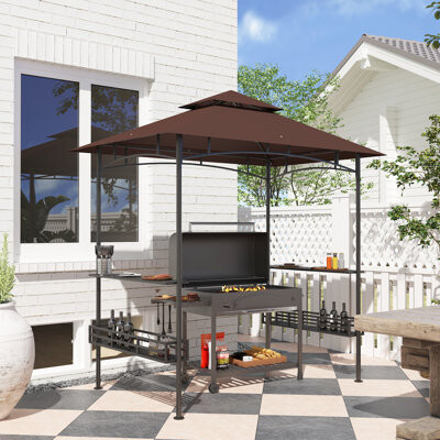 Outsunny 8' x 5' Grill Gazebo 2-Tier Outdoor BBQ Gazebo with 2 Side Shelves Storage Baskets and Ceiling Hook for Patio Deck Yard
