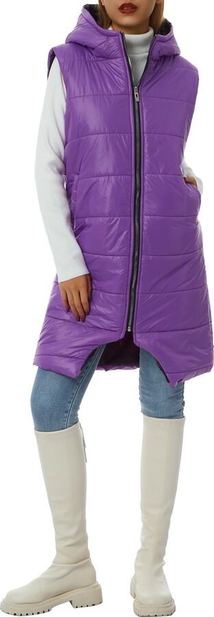 DELIMALI Women Puffer Jacket Long Winter Down Vest Cotton Padded Hooded  Long Vest Slim Fit Long Down Puffer Vest Jackets (Purple - ShopStyle