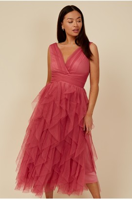 Little Mistress Bridesmaid Leonora Rose Pink Ruffle Mesh Midi Dress