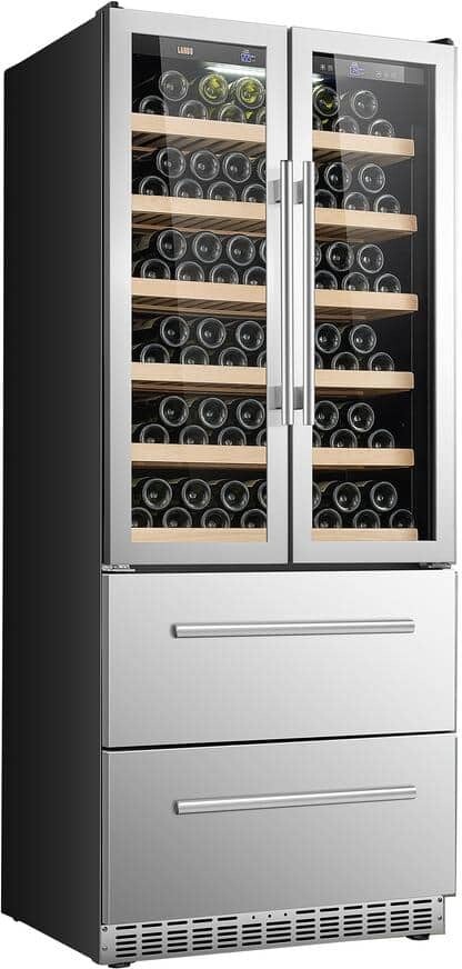 Lanbo 32 in. Dual Zone 168-Wine Bottles and 300-Cans Double French Doors Beverage and Wine Cooler in Seamless Stainless Steel