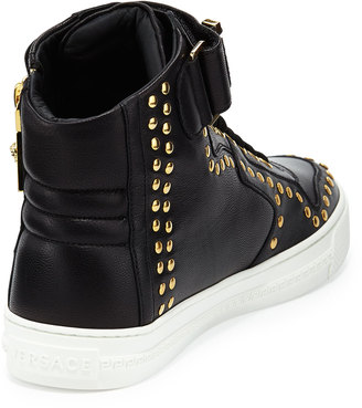 Versace Leather High-Top Sneaker with Gold Medallion, Black