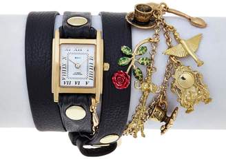 La Mer Disney's Beauty and the Beast "Beauty and the Rose" Goldtone Chain and Charm Black Leather Wrap Watch