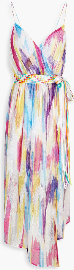 Belted asymmetric space-dyed crochet-knit dress