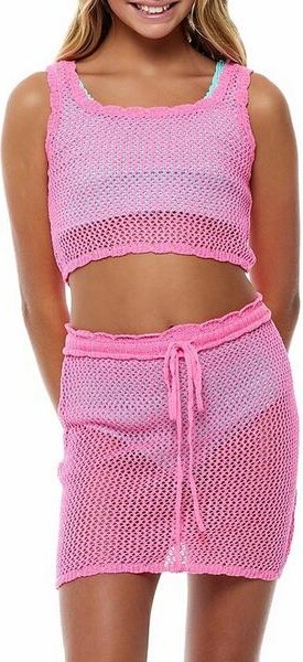 Beach Lingo Girls' Cover Me In Sunshine Crochet Swim Cover Up Set Swim Cover Up Small Pink