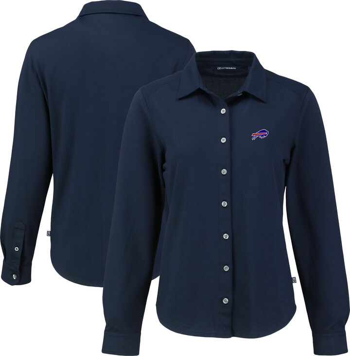 Women's Cutter & Buck Navy Buffalo Bills Advantage Eco Soft Pique Tri-Blend Long Sleeve Button-Up Shirt