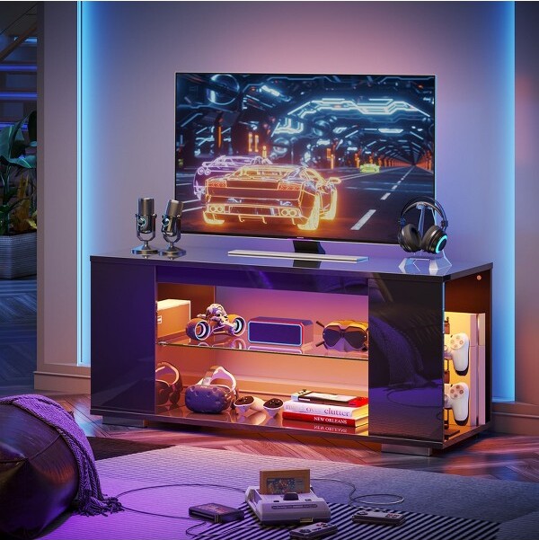 PINMOCO47inchHighGlossyTVStandforTVsupto55inchwithLEDandOpenStorageShelvesEntertainmentCenter,GlossyBlack