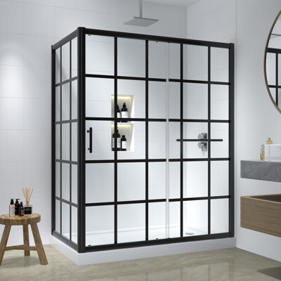 Borealis Cyrus 60" W x 34" D x 72" H Rectangle Aluminum Framed Black-Grid Single Sliding Shower Enclosure with Heat Soaking Process and Protective Coating Trea