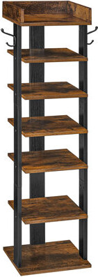 Vertical Shoe Rack For Front Door Entryway, 7 Tier Wooden Shoe Storage Organizer With Hooks, Narrow Shoe Tower For 7 Pairs, Space Saving, For Corner,