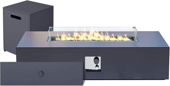 UPHA 56 in. Rectangular Iron Outdoor Dark Gray Fire Pit Table with Propane Tank Holder and Glass Wind Guard