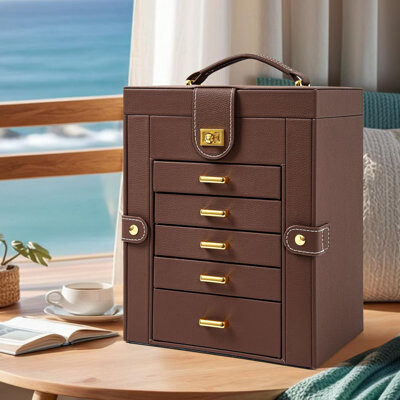 Leather Jewelry Box Organizer With Mirror - 6-Layer Storage Case For Rings Necklaces Earrings Bracelets - Durable Velvet Lined Jewelry Holder With Pul