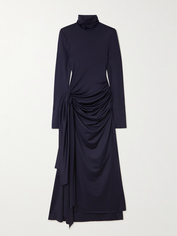 Victoria Beckham Gathered Draped Jersey Turtleneck Midi Dress - Blue