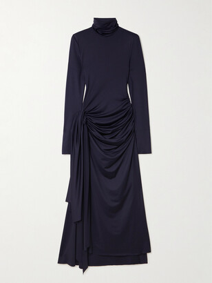 Victoria Beckham Gathered Draped Jersey Turtleneck Midi Dress - Blue