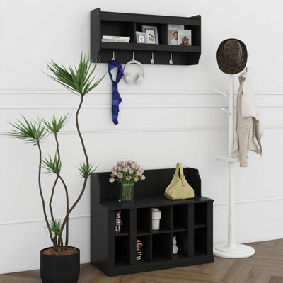 Shoe Storage Bench With Shelves And 4 Hooks, Hall Tree With Wall Mounted Coat Rack, Entryway Organizer For Hallway, Foyer