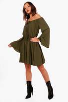 Thumbnail for your product : boohoo Flute Sleeve Shirred Waist Skater Dress