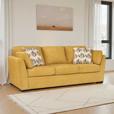 Viena Sofa, 2 Accent Throw Pillows, Soft Yellow Faux Velvet 92 Inch