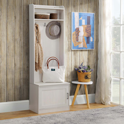 Rustic Hall Tree with Shoe Storage Bench, Entryway Bench with Coat Rack, Accent Coat Tree with Storage Shelves for Hallway, Mudroom, White Wood Grain