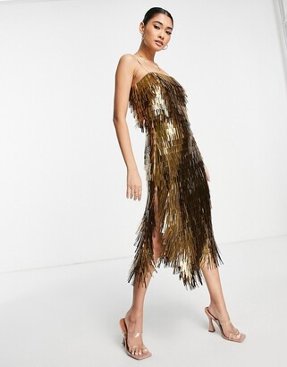 ASOS DESIGN shard detail midi dress with sheer waist detail in gold