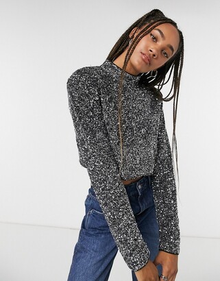 Pepe Jeans Maya high neck sequin crop top with keyhole back in silver