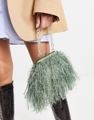ASOS DESIGN faux feather clutch bag with resin handle in sage