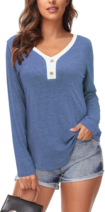 Arach&Cloz Women's Long Sleeve V Neck Shirt Plain Pleated Fall Tunic Tops Casual Loose Blouses