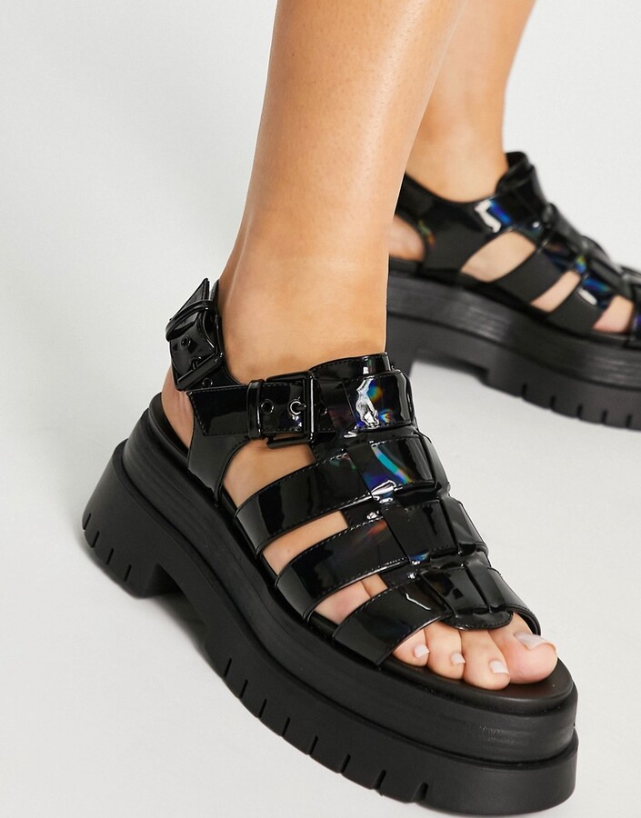 Bershka vinyl chunky sole sandals in black - ShopStyle