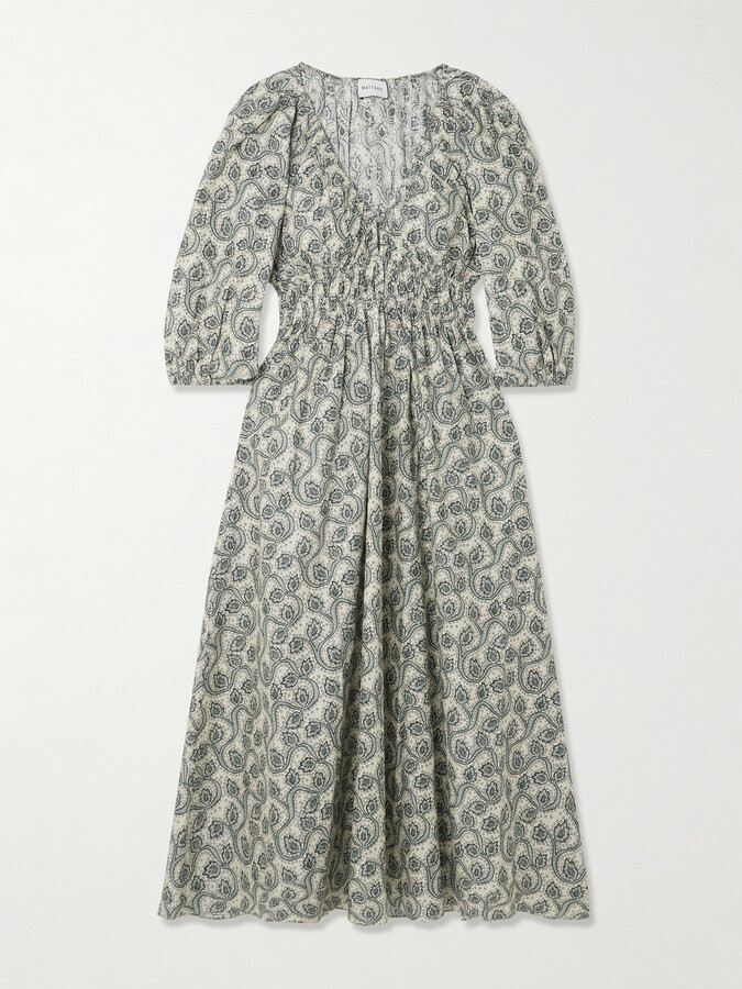 Matteau Shirred Paisley-print Organic Cotton Midi Dress - Multi