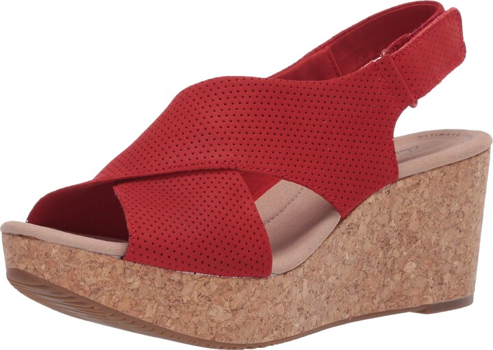 clarks red patent wedges