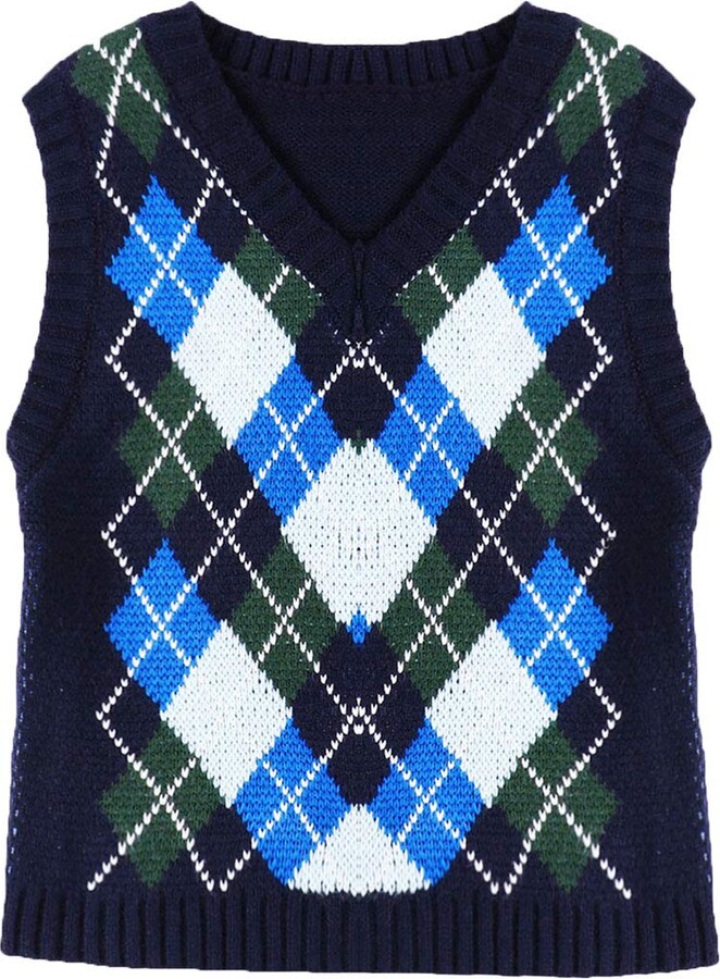 Women Knitted Vest V Neck Argyle Plaid Knitted Sweater VestCasual Knit Sleeveless Sweater Top 