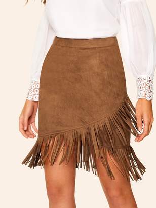 Shein Asymmetrical Fringe Trim Wrap Suede Skirt