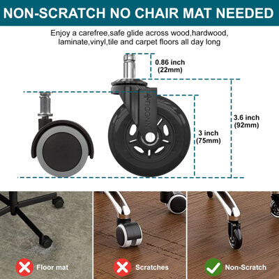 HomLux 3" Office Chair Caster Wheels (Set of 5), Universal 7/16" x 7/8" Size Stem