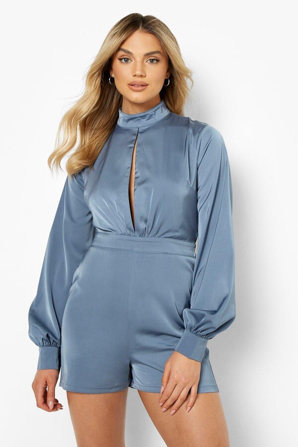 boohoo Satin Balloon Sleeve High Neck Playsuit ShopStyle