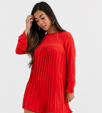 ASOS DESIGN Petite pleated trapeze mini dress with long sleeves
