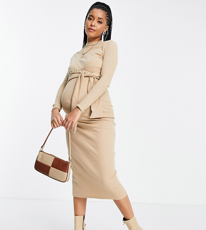 Topshop Maternity ribbed long sleeve tie waist Midi dress in Camel -  ShopStyle