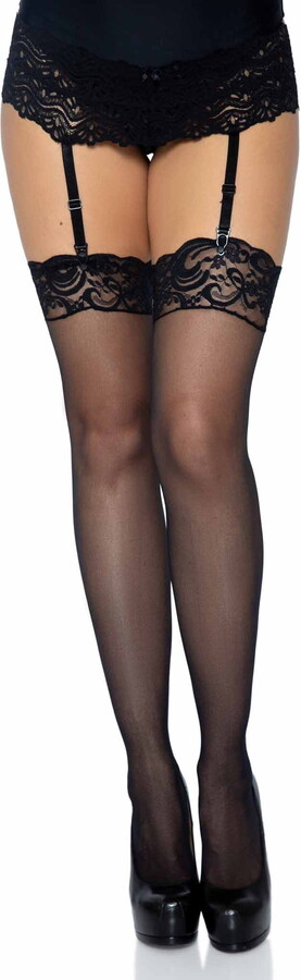 Leg Avenue Women’s Sheer Thigh Highs with Lace Top, Black, One Size