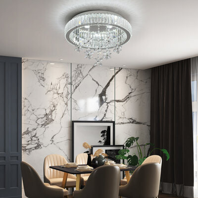 Mercer41 Round Crystal Chandelier Modern LED Ceiling Light Flush Mount Close To Ceiling Light For Living Room Bedroom (3 Light Temperatures Can Be Changed)