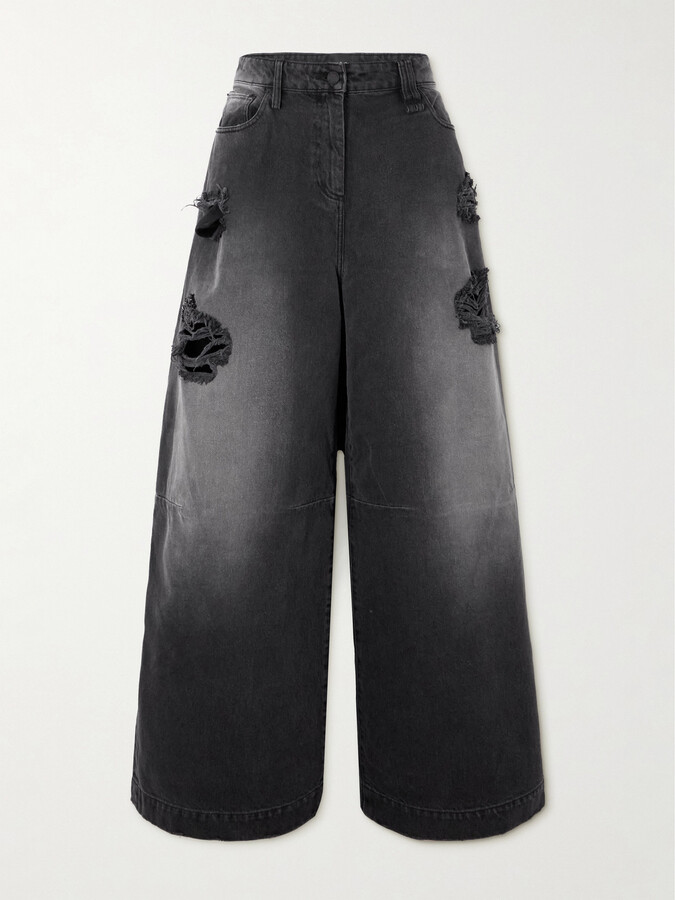 Simone Rocha Crystal-embellished Distressed Wide-leg Jeans - Black