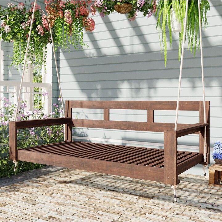 Flynama Patio Wooden Twin Size Porch Swing Daybed Frame, Garden Swing Bench Chair with 4 Hanging Ropes for Backyard,Outdoor,Brown