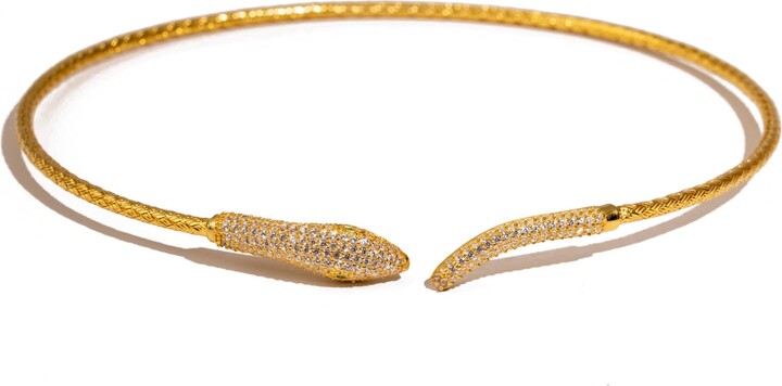 Ebru Jewelry Gold / Green Serpent Queen Emerald Eyes Gold Choker Necklace - Gold