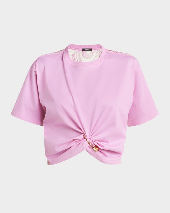 Versace Safety-Pin Twisted Crop T-Shirt With Underwater Barocco Silk Twill Back