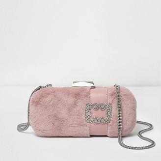 River Island Womens Pink faux fur jewel box clutch bag