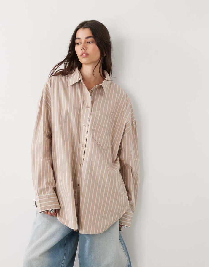 Monki oversized shirt in beige stripe