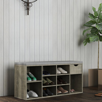 Ebern Designs Storage Bench With Cushion And Drawer For Small Accessories 9 Shoe Storage Side Compartments Ankle Boots Gray Particle Board 40.9L Multifunctional