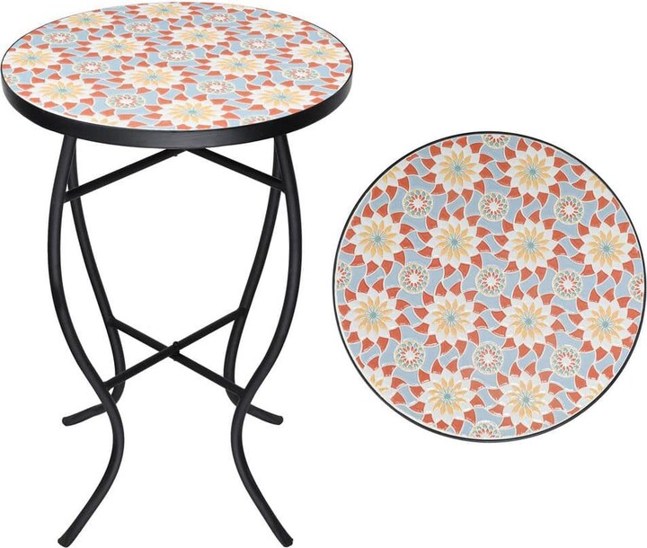 MOEPISY Mosaic Outdoor Side Table-Small Patio Table Coffee Table Outside Accent Table Round End Plant Table 14 in. Mosaic Table