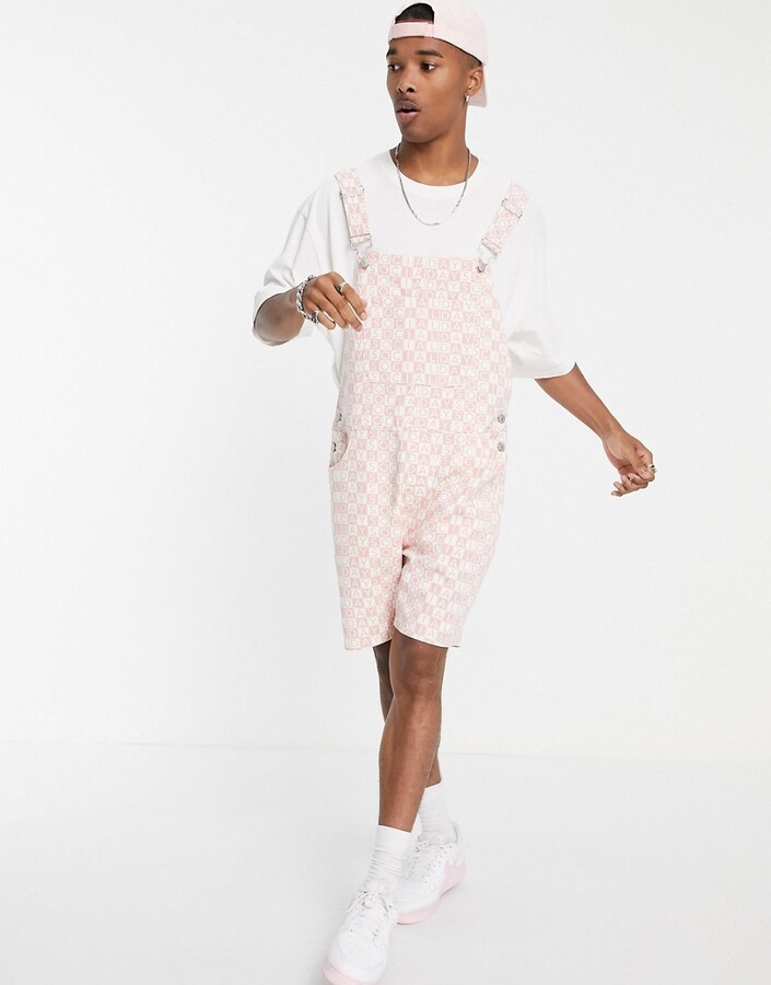 ASOS DESIGN short denim overalls in pink checkerboard - ShopStyle