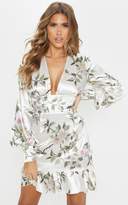 Thumbnail for your product : PrettyLittleThing White Satin Floral Plunge Frill Hem Bodycon Dress