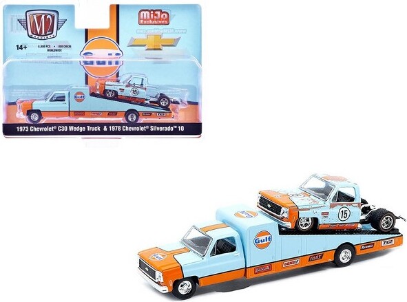 M2 Machines 1973ChevroletC30WedgeTruck&Silverado10BedlessTruck#15LightBlueandOrange(Rusted)1/64DiecastModelbyM2Machines